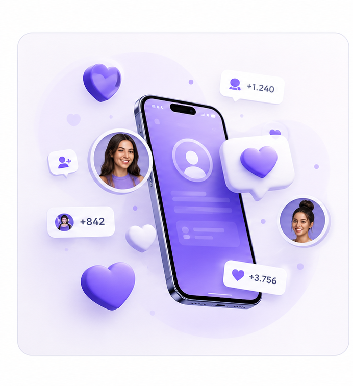Socialfaktor Visual mit Likes, Herzen, Followern und Social-Media-Wachstum